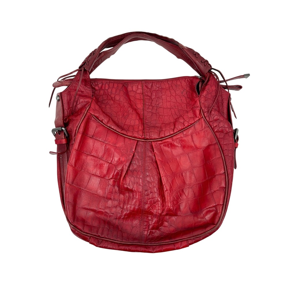 Francesco Biasia Red Crocodile Embossed Leather Hobo Shoulder Bag Slouchy Boho
